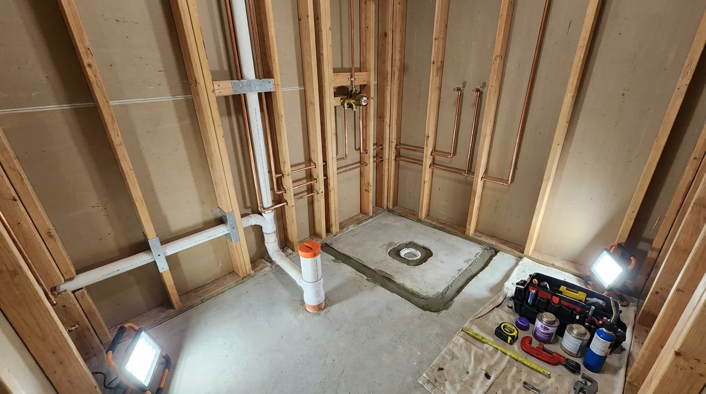 Bathroom rough-in plumbing during remodel by Johns Plumbing LLC in Quinnesec