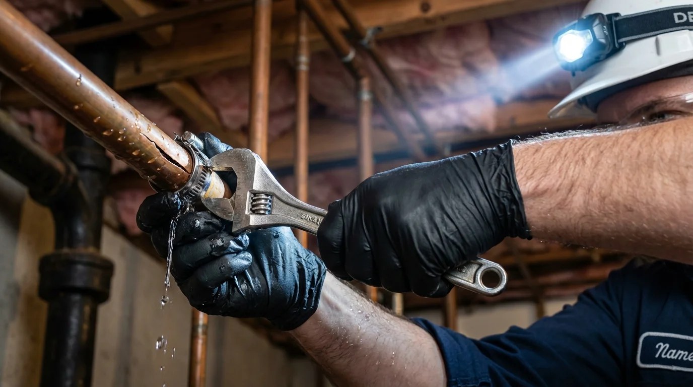 Emergency pipe clamp repair being performed by a Johns Plumbing LLC plumber in Quinnesec