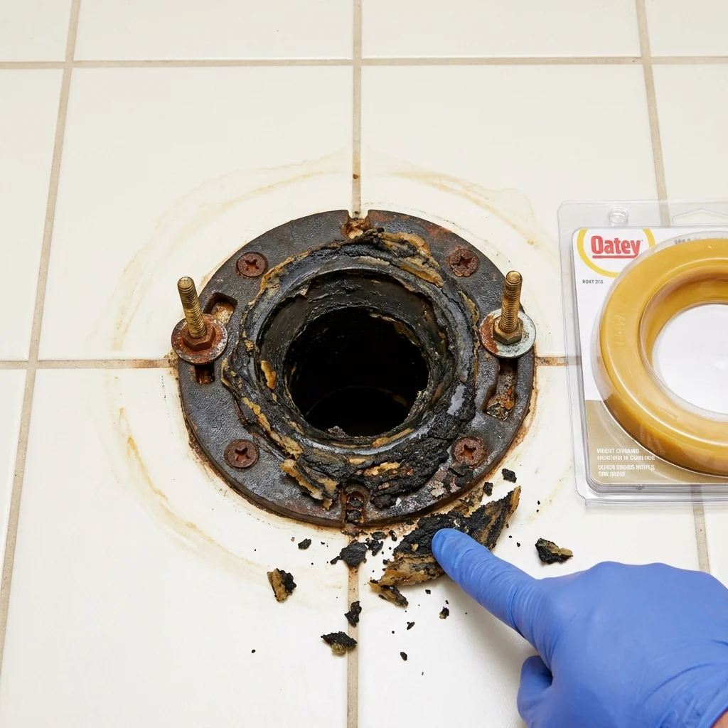 Failed wax ring showing water seepage at the base of a toilet in a Quinnesec, MI home