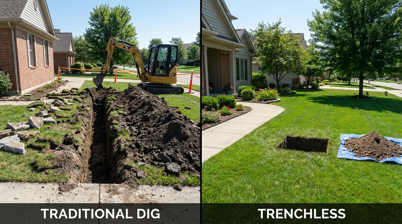 Trenchless sewer repair with minimal yard damage versus traditional excavation in Quinnesec, MI