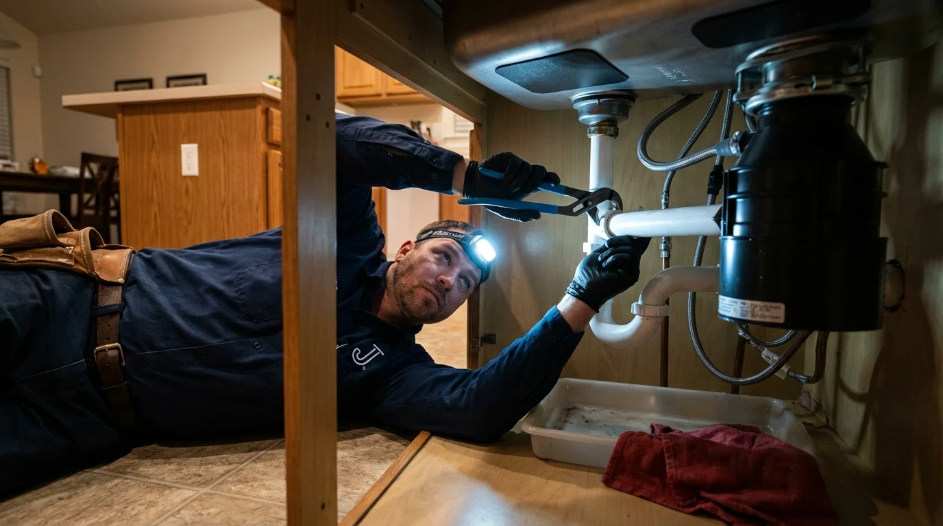 P-trap and supply line connections under a kitchen sink showing a common leak point in Quinnesec, MI